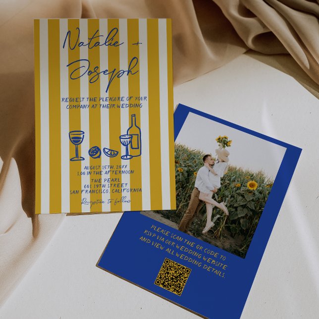 Invitation Blue Yellow Hand Written Photo QR Code Wedding (Créateur téléchargé)