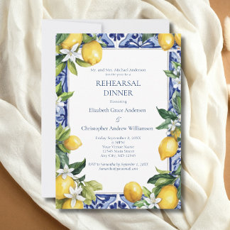 Invitation Blue Yellow Lemons Mediterranean Rehearsal Dinner 