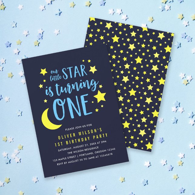Invitation Blue Yellow Moon and Stars 1er anniversaire Invita (Créateur téléchargé)
