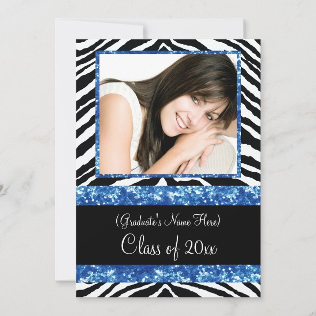 Invitation Blue Zebra Sparkle Girls Graduation Party (Devant)