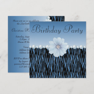 Invitation Blue Zebra Stripes, Perles et Fleur Anniversaire