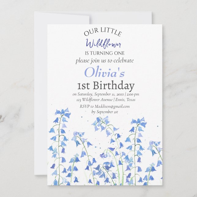 Invitation Bluebells 1er premier anniversaire Blue Floral (Devant)