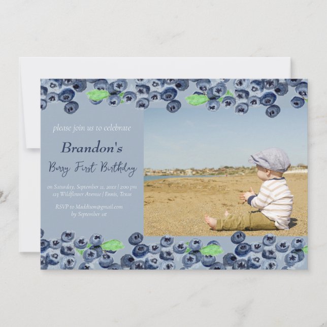 Invitation Blueberries 1er Berry Premier anniversaire Photo F (Devant)