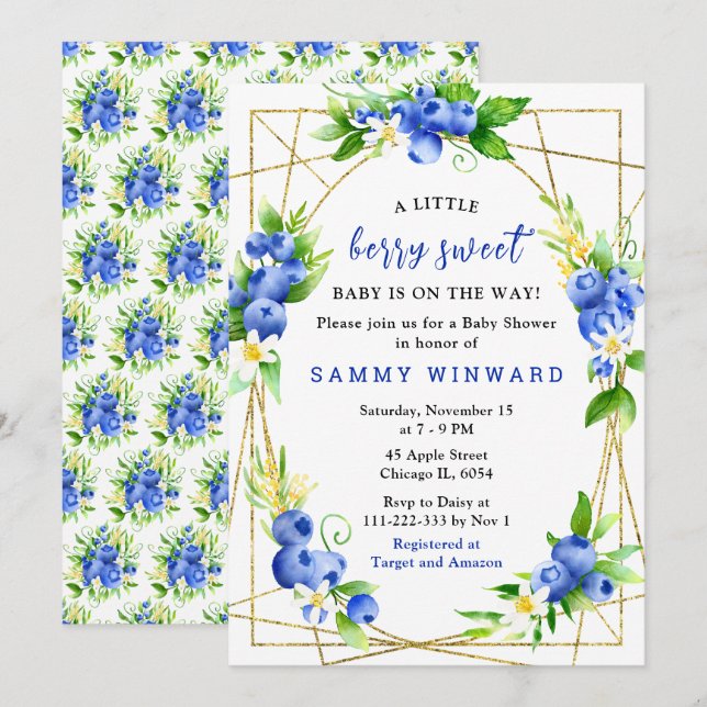 Invitation Blueberries and Foliage Baby Shower (Devant / Derrière)