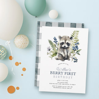 Invitation Blueberries & Raccoon Boy Berry First 1st Birthday
