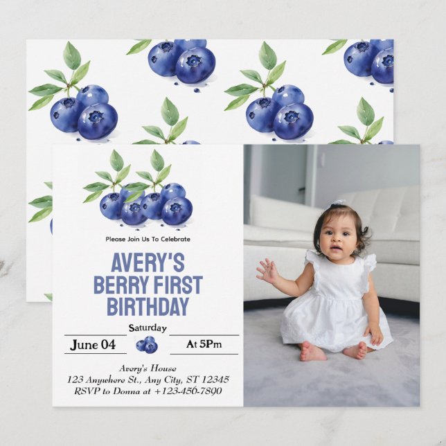 Invitation Blueberry Berry Première fille 1er anniversaire Ph (Devant / Derrière)