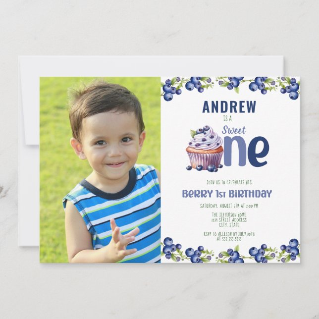 Invitation Blueberry Berry Première photo Anniversaire Invita (Devant)