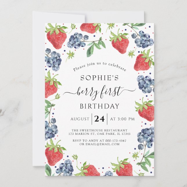 Invitation Blueberry fraise Sweet Berry Premier anniversaire (Devant)
