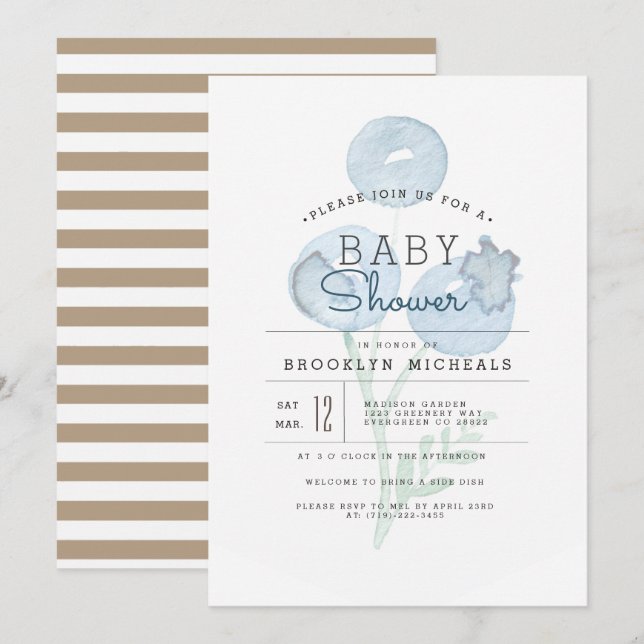 Invitation Blueberry Trio | Baby shower d'aquarelle Berry (Devant / Derrière)