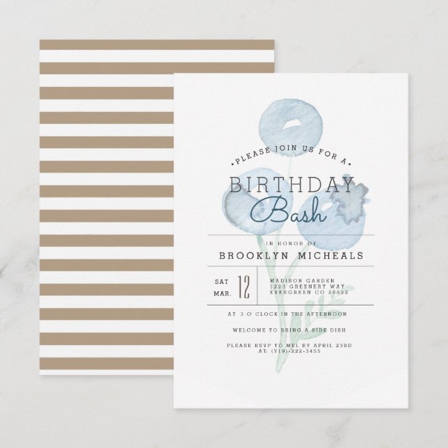 Invitation Blueberry Trio | Berry Watercolor Anniversaire Bas (Devant / Derrière)