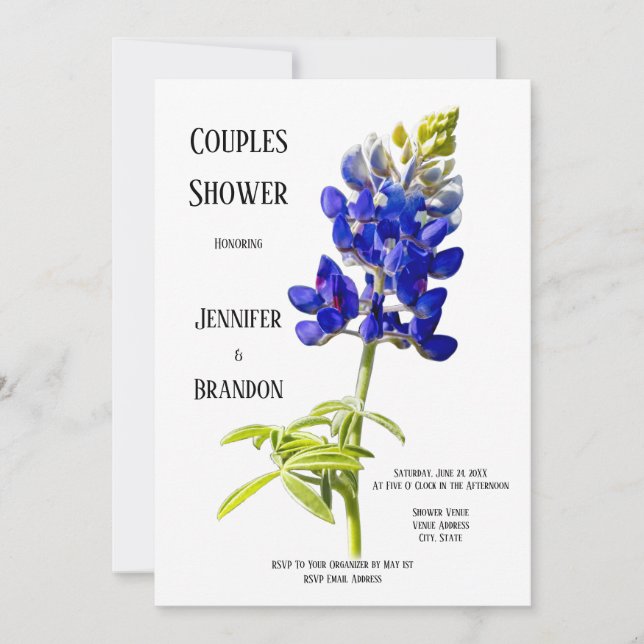 Invitation Bluebonnet Floral sur blanc, Mariage Couples Douch (Devant)