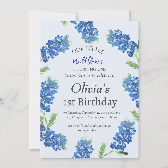 Invitation Bluebonnets 1er anniversaire bleu floral (Devant)