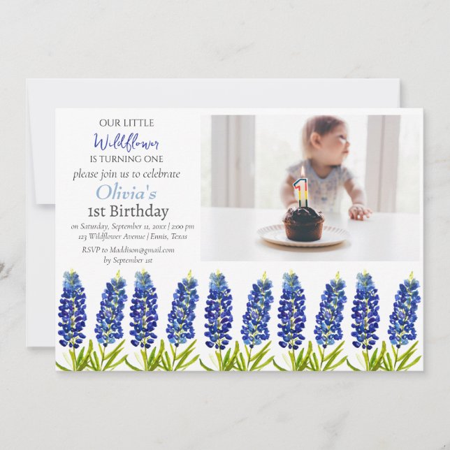 Invitation Bluebonnets 1er premier anniversaire fille photo f (Devant)