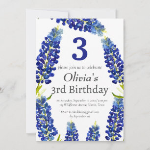 Invitation Bluebonnets 3e anniversaire bleu floral