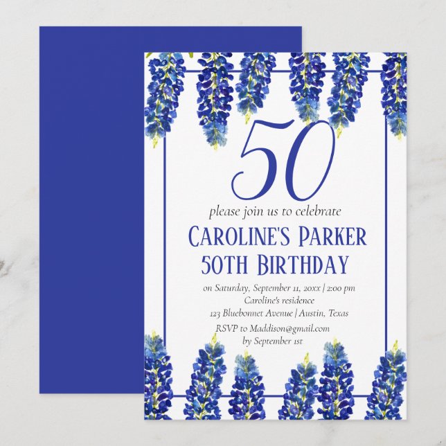 Invitation Bluebonnets 50e anniversaire Blue Floral Texas (Devant / Derrière)