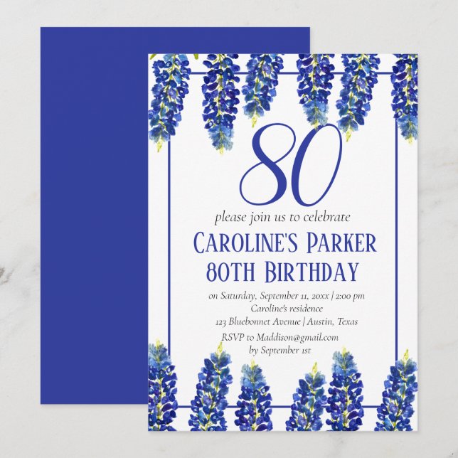 Invitation Bluebonnets 80e anniversaire Blue Floral Texas (Devant / Derrière)