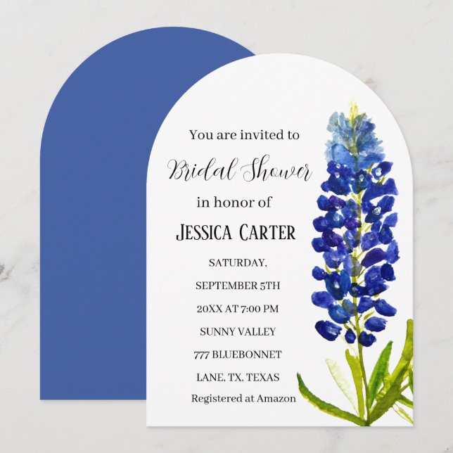Invitation Bluebonnets Floral Aquarelle Boho Fête des mariées (Devant / Derrière)