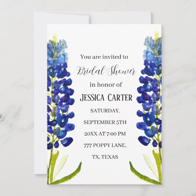 Invitation Bluebonnets Floral Aquarelle Boho Fête des mariées (Devant)