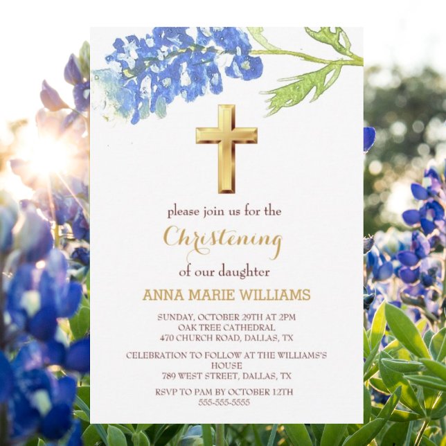 Invitation Bluebonnets Floral Gold Fleur sauvage Cross Baptêm (Créateur téléchargé)