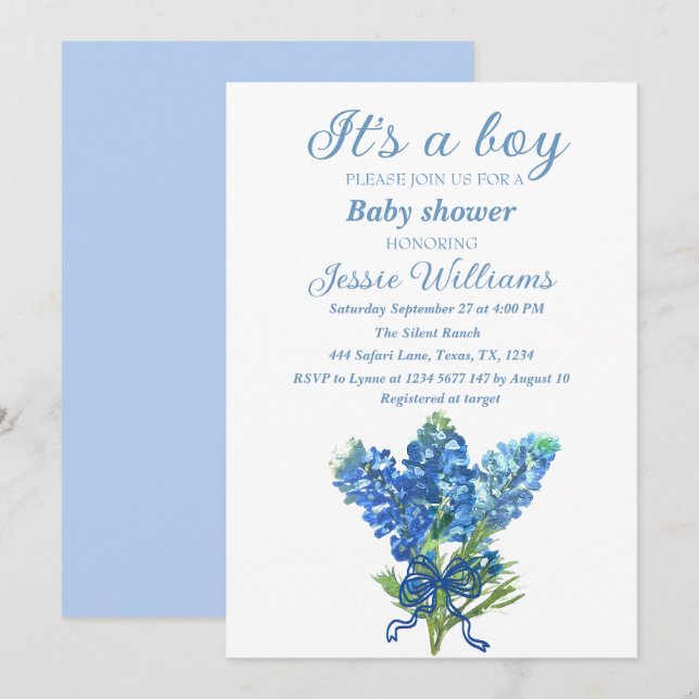 Invitation Bluebonnets Texas Floral Blue Bow Baby-boy douche (Devant / Derrière)