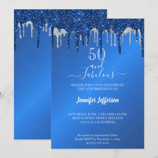 Invitation BlueGlitter argent goutte à goutte Anniversaire In (Devant / Derrière)