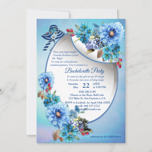 Invitation Blues de Cornflower en Aquarelle Bachelorette (Devant)