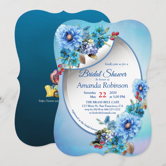 Invitation Blues de Cornflower en Fête des mariées aquarelle (Devant / Derrière)