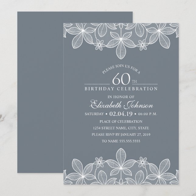 Invitation Bluish Grey 60e Anniversaire de fête Dentelle créa (Devant / Derrière)