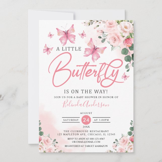 Invitation Blush A Little Butterfly est sur le Baby shower Wa (Devant)