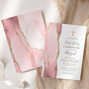 Invitation  Blush Agate Gold Glitter First Holy Communion