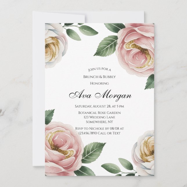 Invitation Blush and Ivory Rose Floral Brunch & Bubbly (Devant)