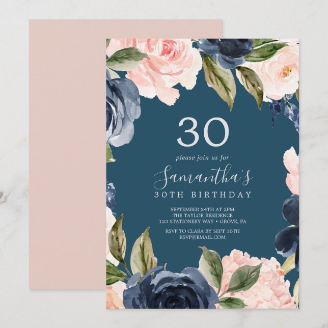 Invitation Blush and Navy Flowers Blue Wreath 30e anniversair (Devant / Derrière)