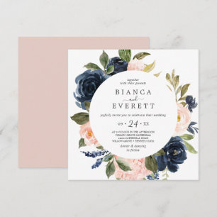 Invitation Blush and Navy Flowers White Carré Mariage Décontr