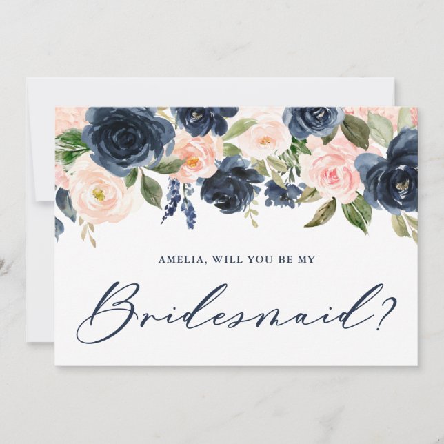 Invitation Blush and Navy Flowers will you be My Bridesmaid (Devant)