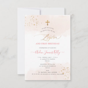 Invitation Blush Aquarelle Or Baptême+1er Anniversaire
