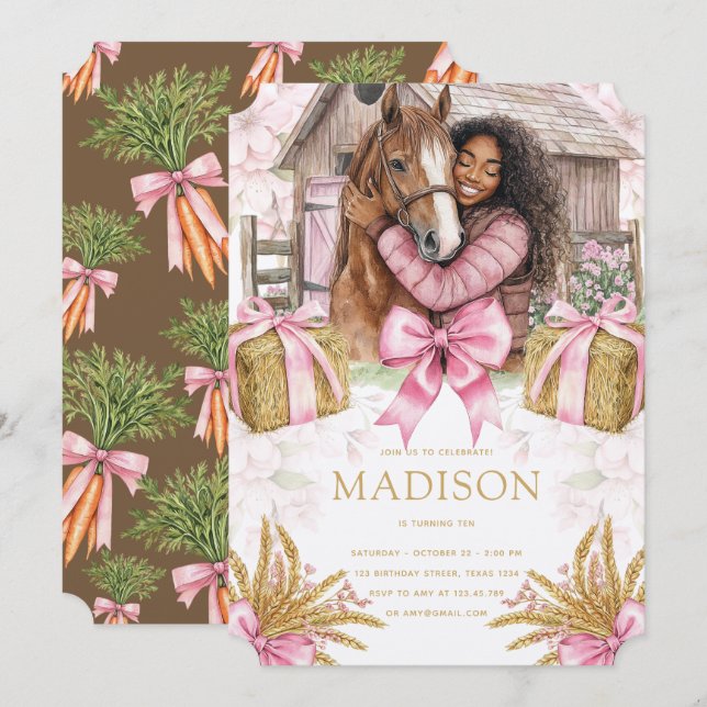 Invitation Blush Barn Horse Birthday Black Girl (Devant / Derrière)