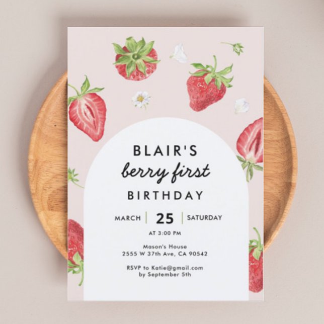 Invitation Blush Berry Premier Anniversaire Fraise Thème (Créateur téléchargé)