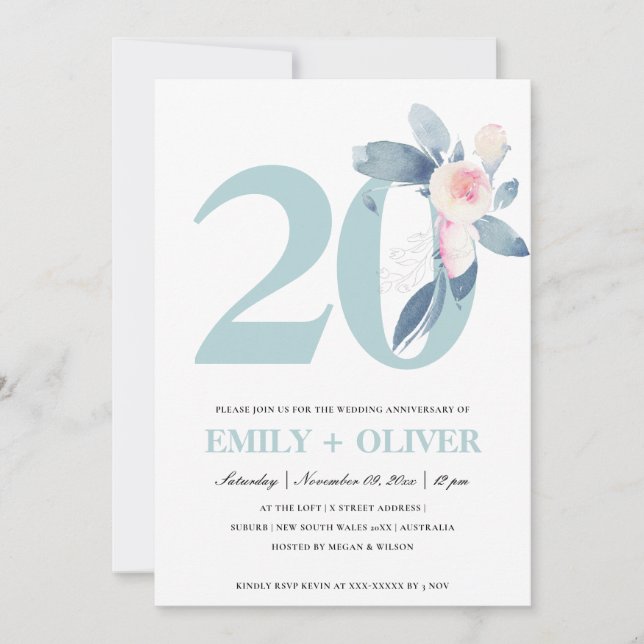 INVITATION BLUSH BLEU FLORAL DOUX 20ÈME ANNIVERSAIRE TOUTE AN (Devant)