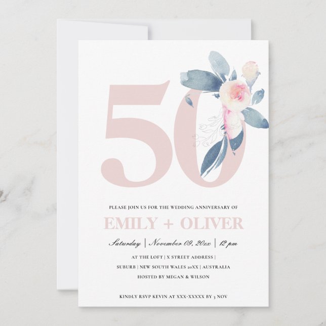 INVITATION BLUSH BLEU FLORAL DOUX 50ÈME ANNIVERSAIRE TOUTE AN (Devant)