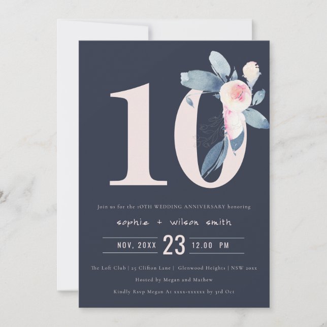 INVITATION BLUSH BLEU NAVY FLEUR 10ÈME ANNIVERSAIRE TOUTE ANN (Devant)