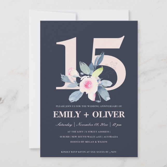 INVITATION BLUSH BLEU NAVY FLEURS 15ÈME ANNIVERSAIRE TOUTE AN (Devant)