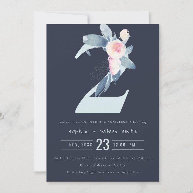 INVITATION BLUSH BLEU NAVY FLEURS 2ÈME ANNIVERSAIRE TOUTE ANN (Devant)