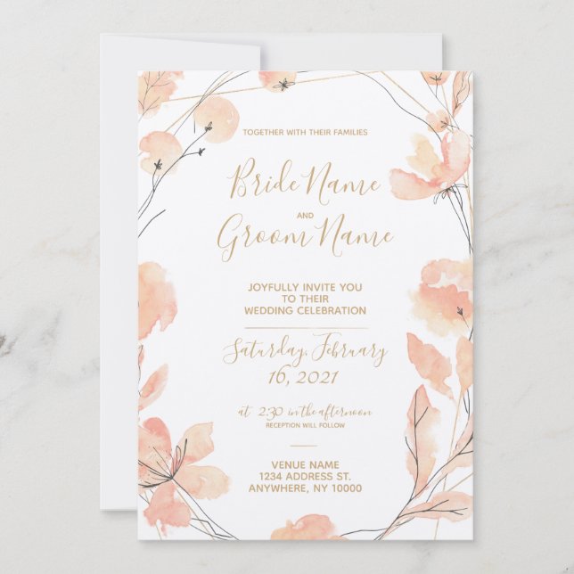 Invitation Blush & Blooms Aquarelle Floral & Mariage Or (Devant)