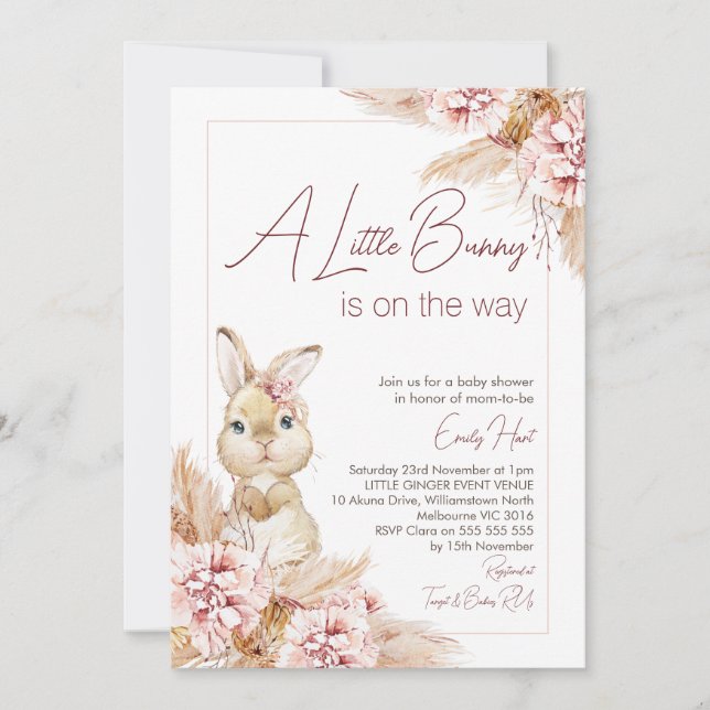Invitation Blush Boho Baby shower Floral Bunny (Devant)