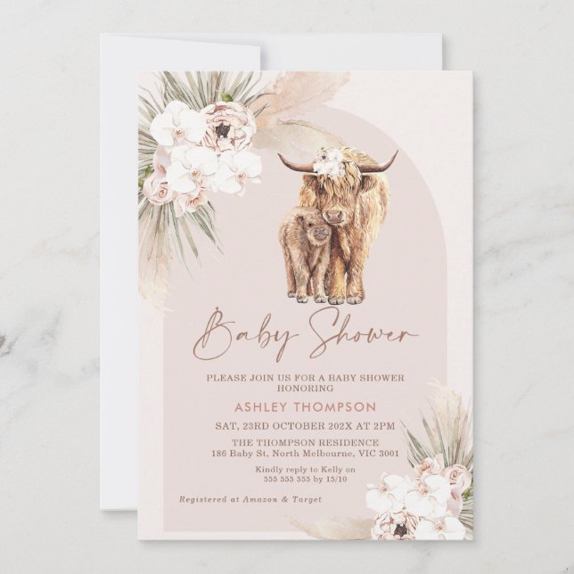 Invitation Blush Boho Floral Arch Highland Cow Baby shower (Devant)