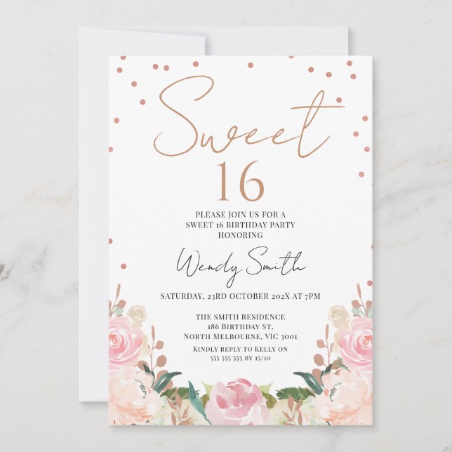 Invitation Blush Boho Floral Rose Gold Sweet 16 Anniversaire (Devant)