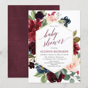 Invitation Blush bordeaux marine bleu fille baby shower flora