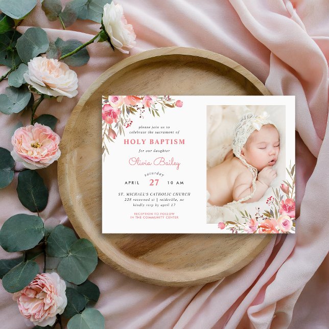 Invitation Blush Bouquet Floral Baby Girl Photo Baptême (Créateur téléchargé)