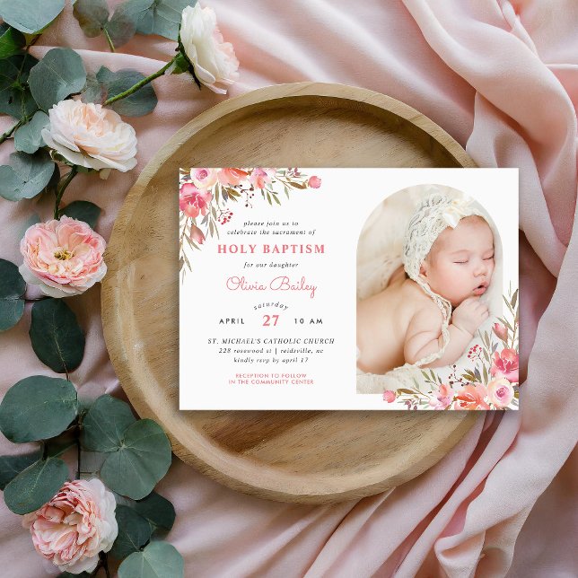 Invitation Blush Bouquet Floral Baby Girl Photo Baptême (Créateur téléchargé)