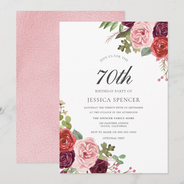 Invitation Blush & Bourgogne Floral 70e anniversaire Invitati (Devant / Derrière)
